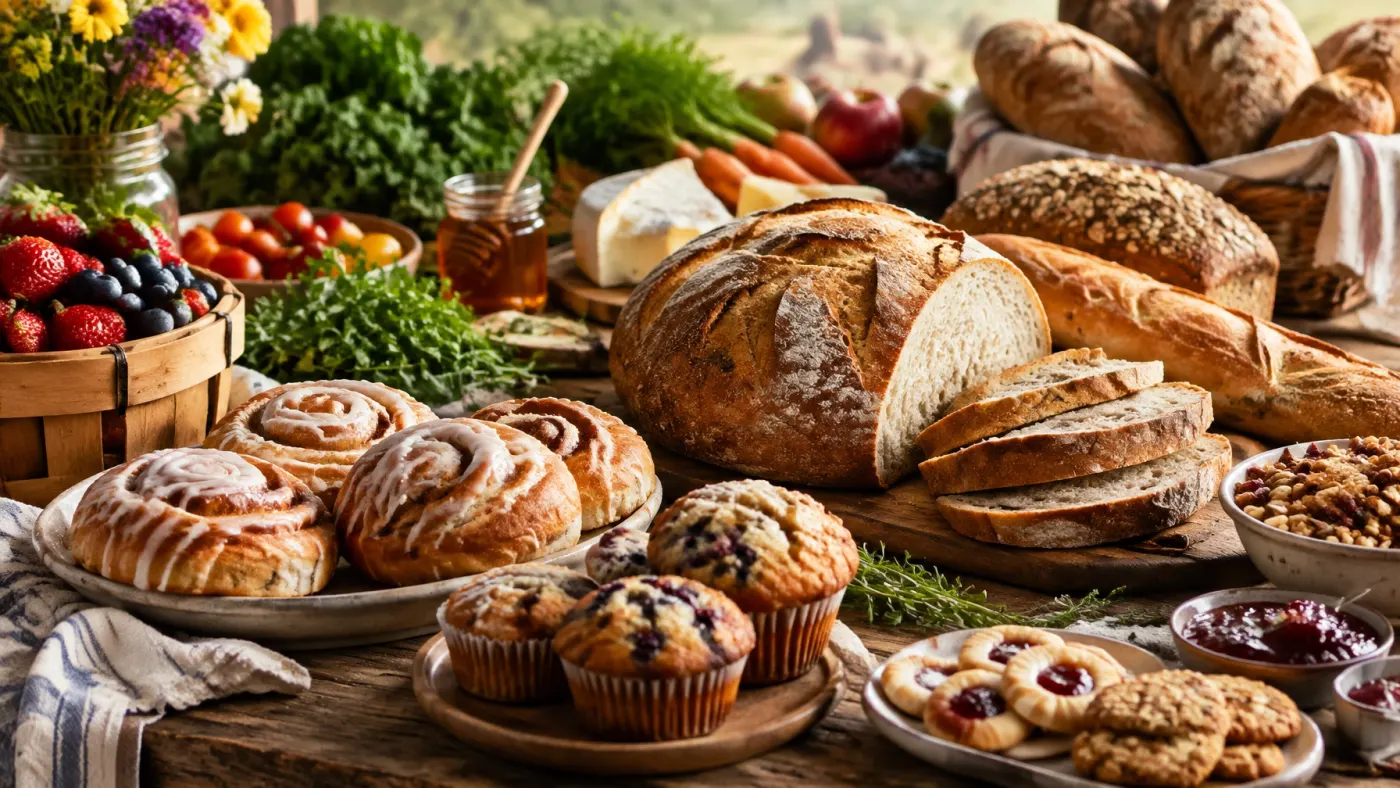 Freshly baked bread and pastries arranged on a warm kitchen table